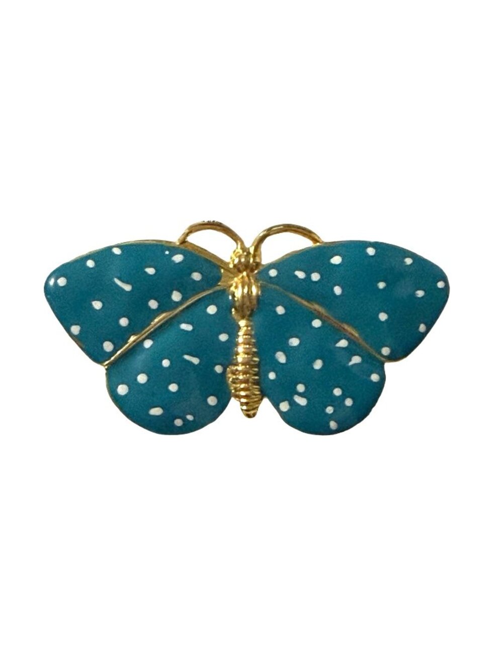 Vintage Blue White Polka Dot Enamel Butterfly Brooch Gold Tone Pin